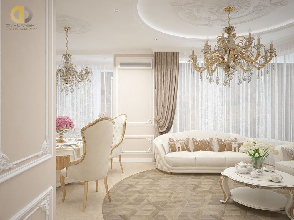 Дизайн интерьера гостиной в трёхкомнатной квартире 101 кв. м в стиле классицизм 1
