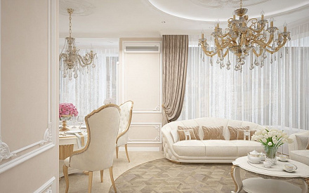 Дизайн интерьера гостиной в трёхкомнатной квартире 101 кв. м в стиле классицизм 1