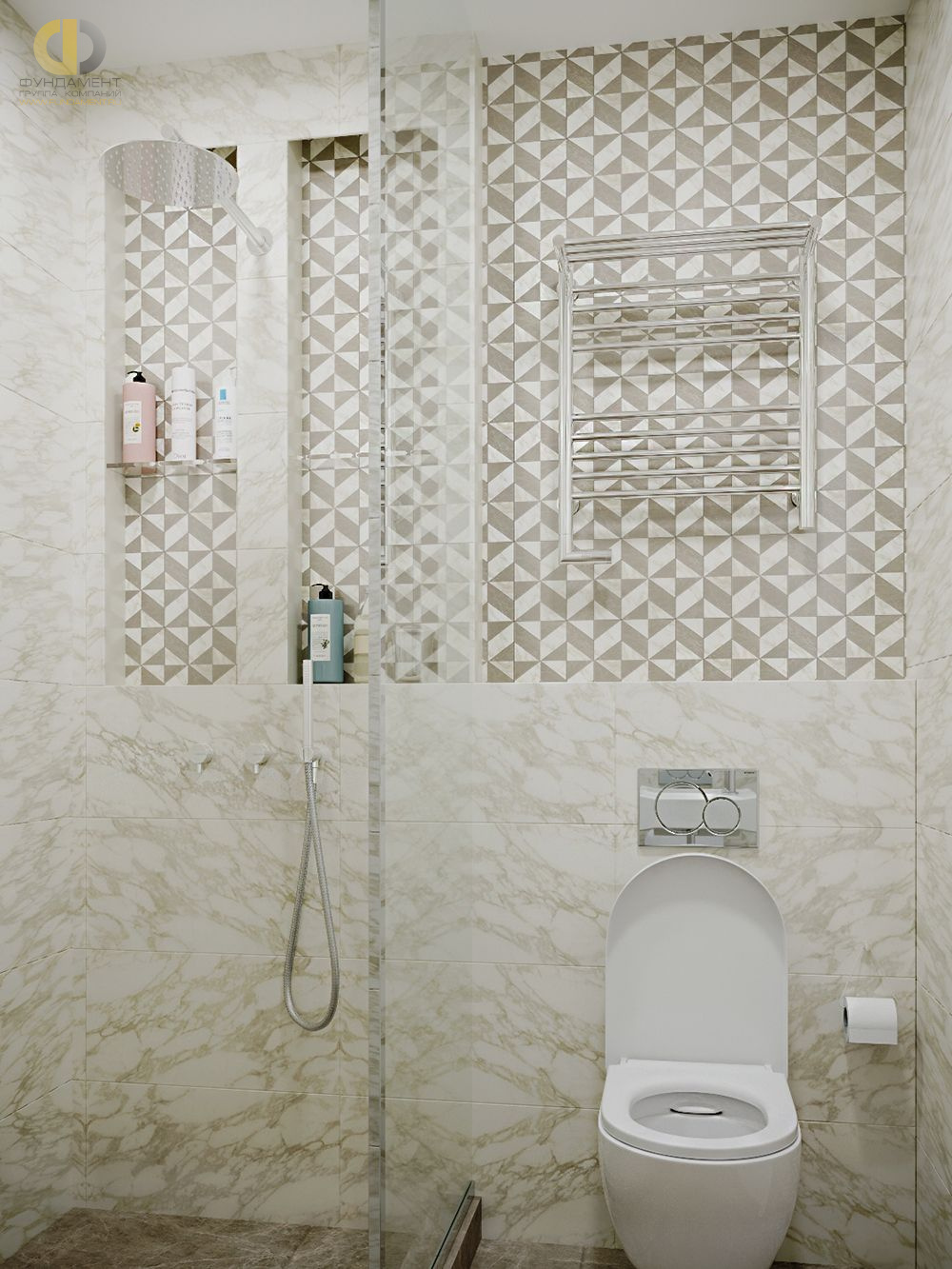 Ванная в стиле дизайна арт-деко (ар-деко) по адресу г. Москва, Павелецкая набережная, д. 8, 2019 года