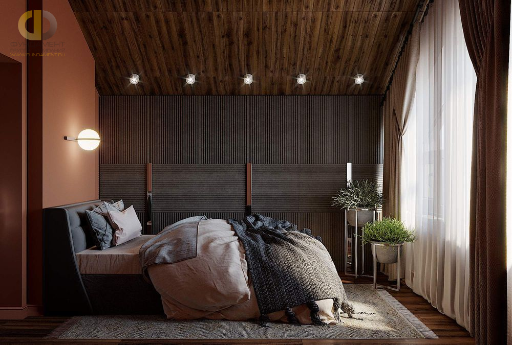 Спальня в стиле дизайна лофт по адресу МО, Мытищинский район, д. Юдино, д. 12, 2020 года