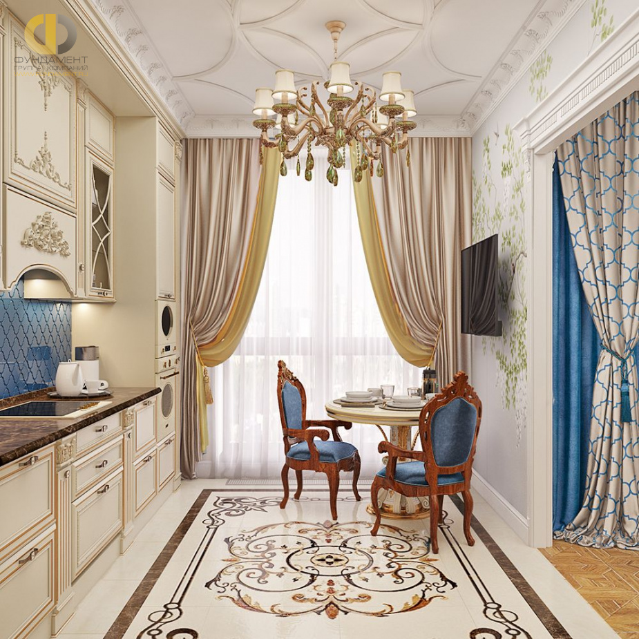 Дизайн интерьера кухни в четырёхкомнатной квартире 144 кв. м в стиле классицизм 35