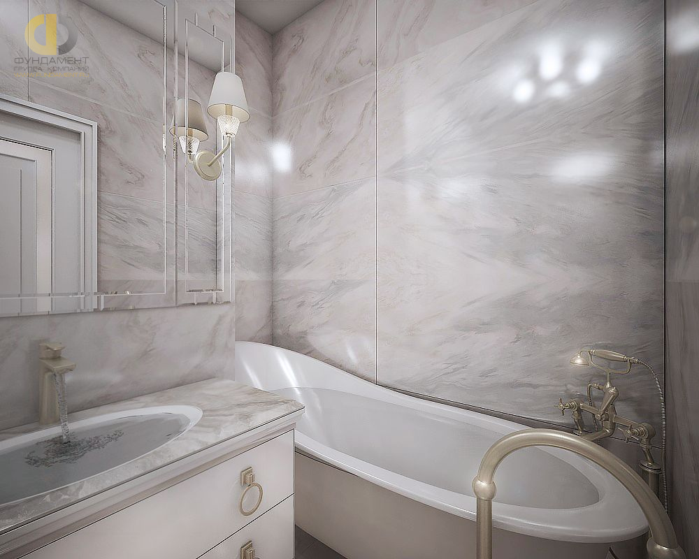 Ванная в стиле дизайна неоклассика по адресу г. Москва, ул. Ярцевская, д. 34, 2019 года