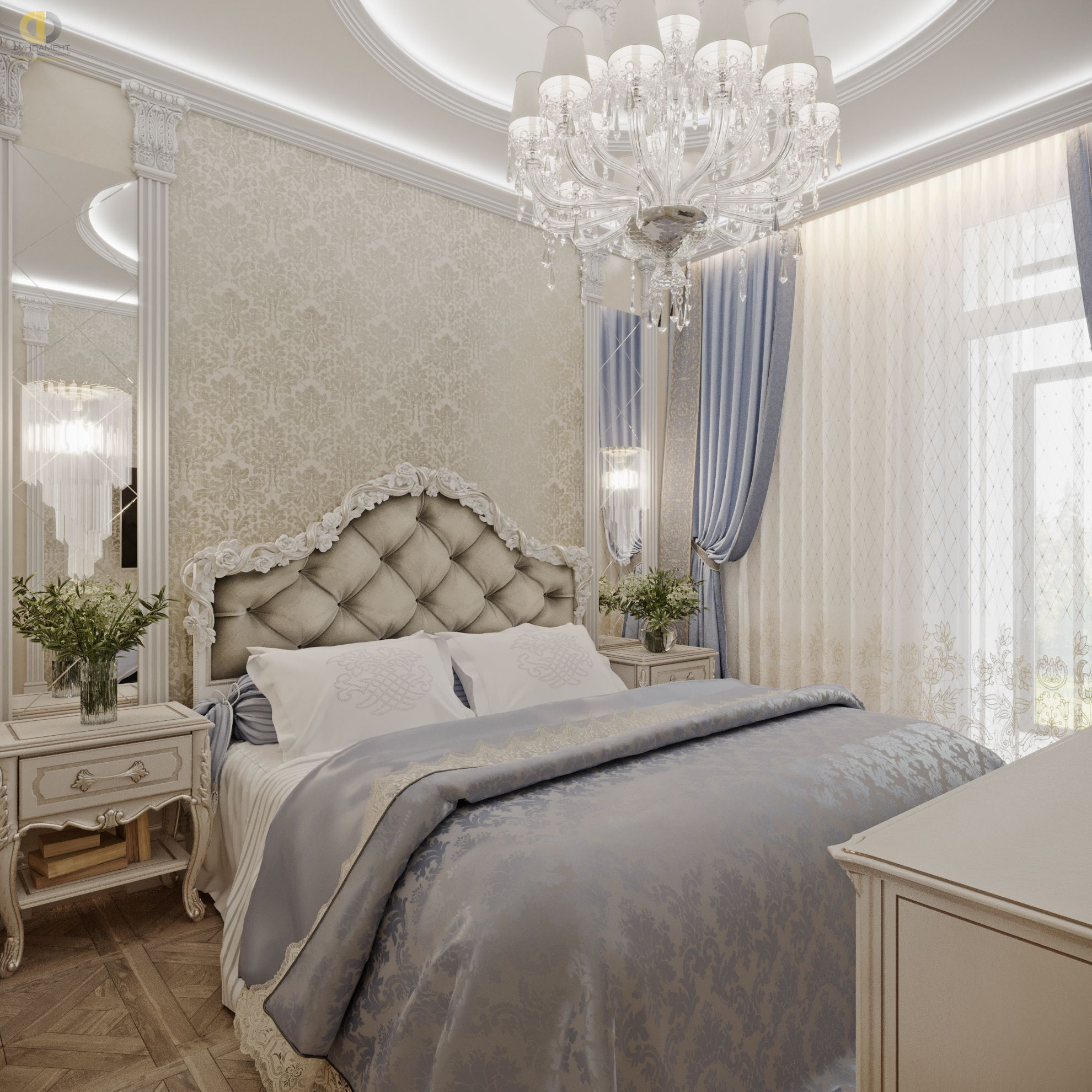 Спальня в стиле дизайна классицизм по адресу г. Москва, Хорошевское шоссе, дом 25А, стр. 1, 2021 года