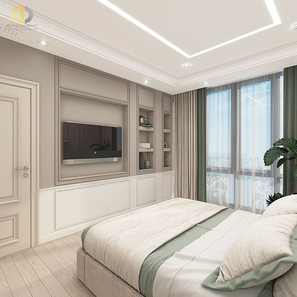 Спальня в стиле дизайна неоклассика по адресу г. Москва, Ленинский пр-т, д. 107, корп. 1, 2019 года