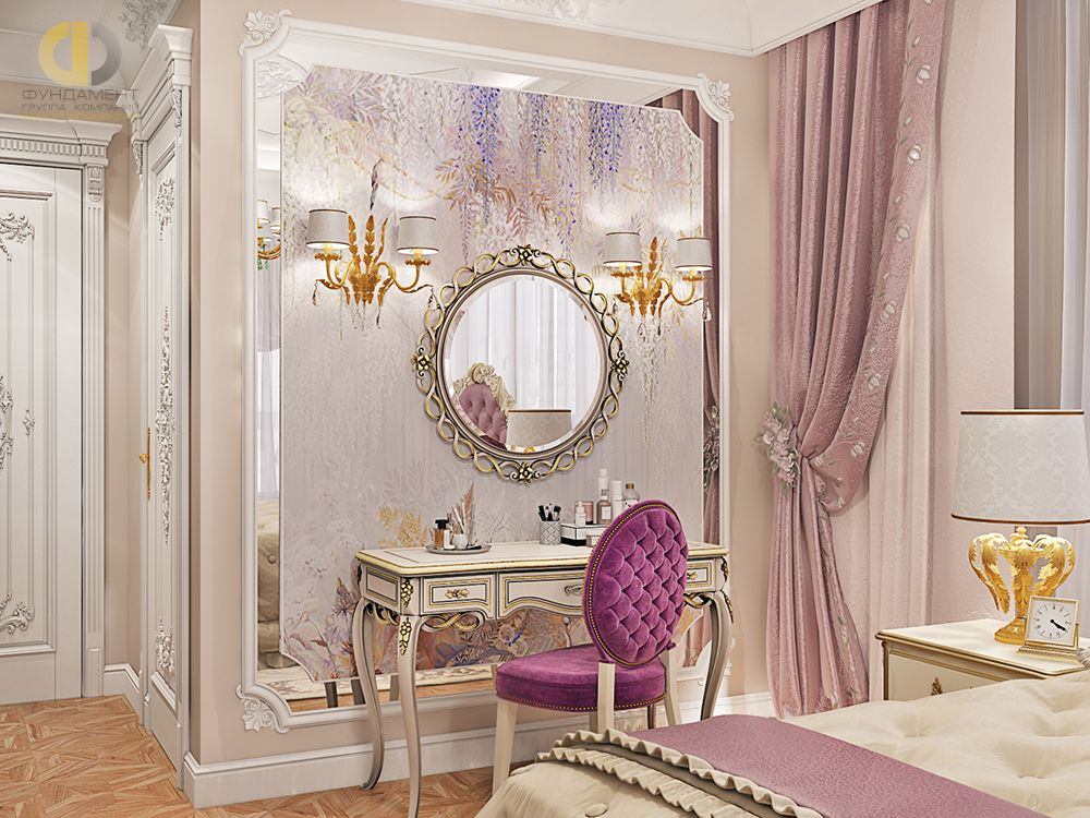 Спальня в стиле дизайна классицизм по адресу г. Москва, ул. 2-я Черногрязская, д. 6, корп. 3, 2020 года