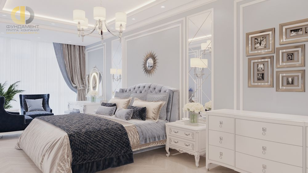 Серо-голубая спальня с элементами морского стиля