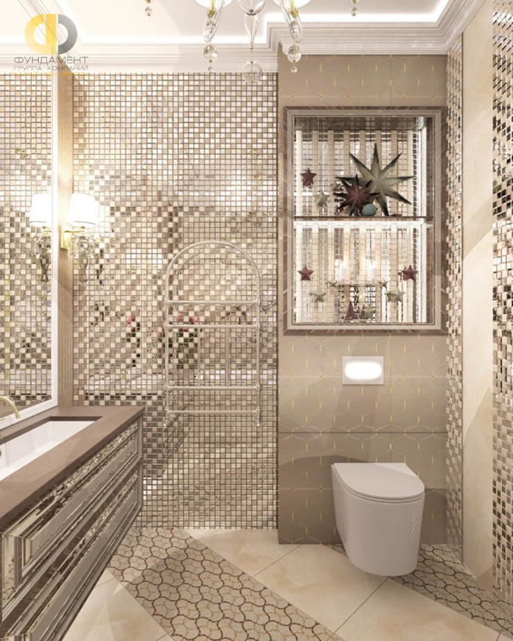 Дизайн интерьера ванной в двухуровневой квартире 118 кв.м в стиле неоклассика с элементами ар-деко 23