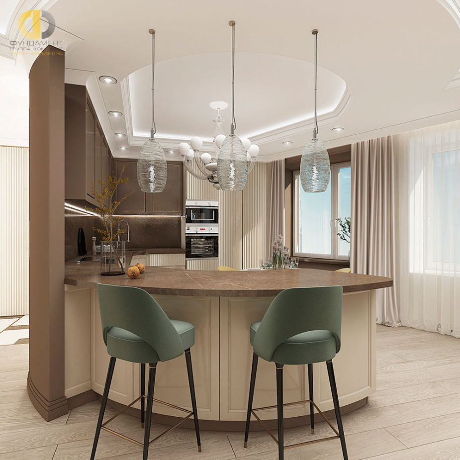 Дизайн интерьера кухни в четырехкомнатной квартире 126 кв.м в стиле неоклассика