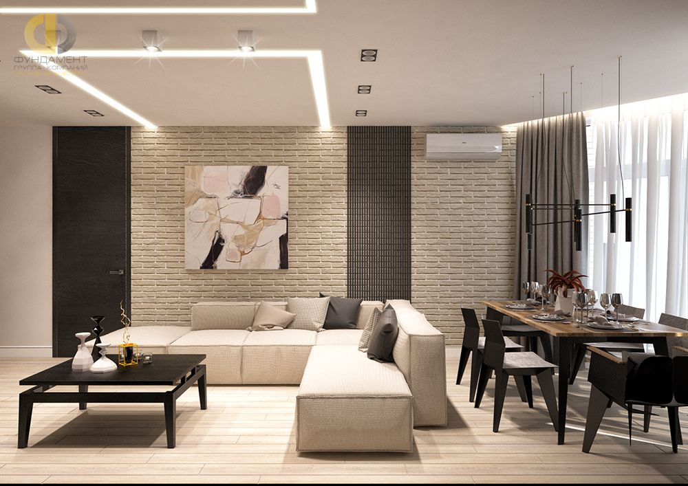 Дизайн интерьера гостиной в трёхкомнатной квартире 106 кв.м в стиле хай-тек