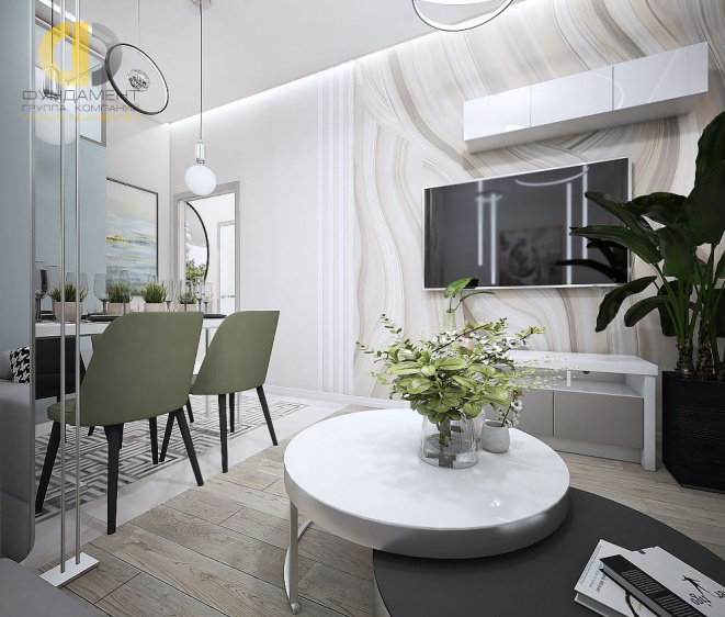 Дизайн интерьера гостиной в двухкомнатной квартире 55 кв.м в современном стиле 6