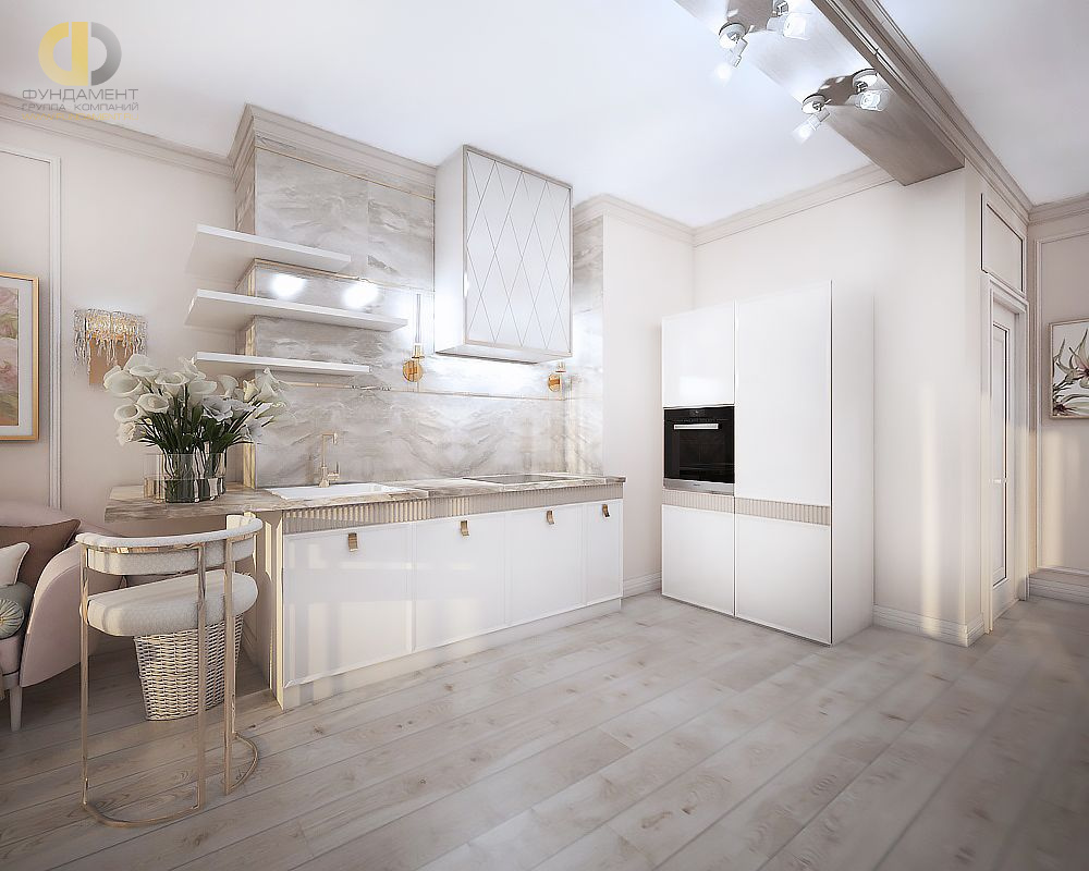 Дизайн белой кухонной зоны в однокомнатной квартире-студии