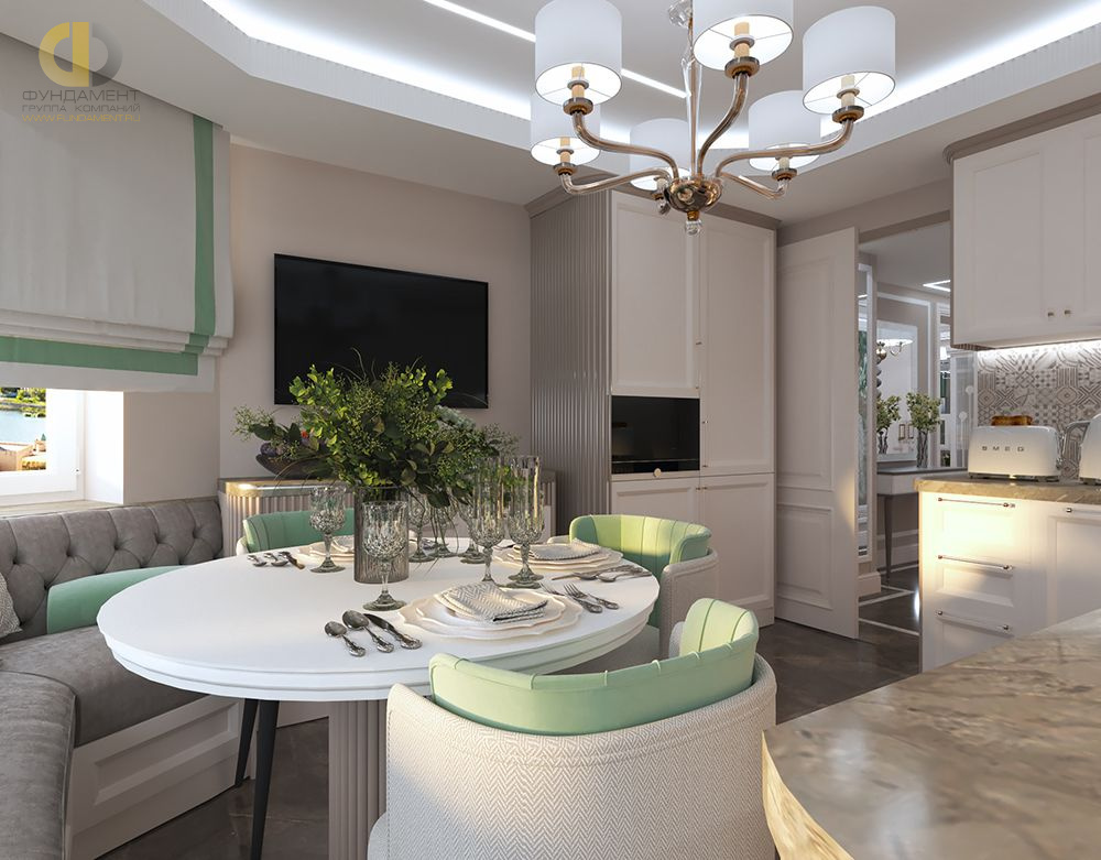 Кухня в стиле дизайна неоклассика по адресу г. Москва, Перервинский бульвар, дом 15к. 1, 2021 года