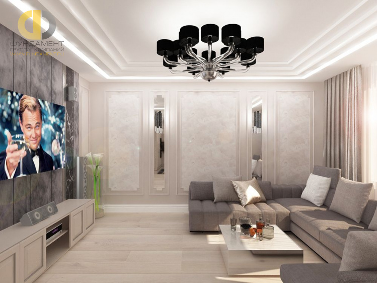Дизайн интерьера гостиной в 4-комнатной квартире 131 кв. м в стиле неоклассика