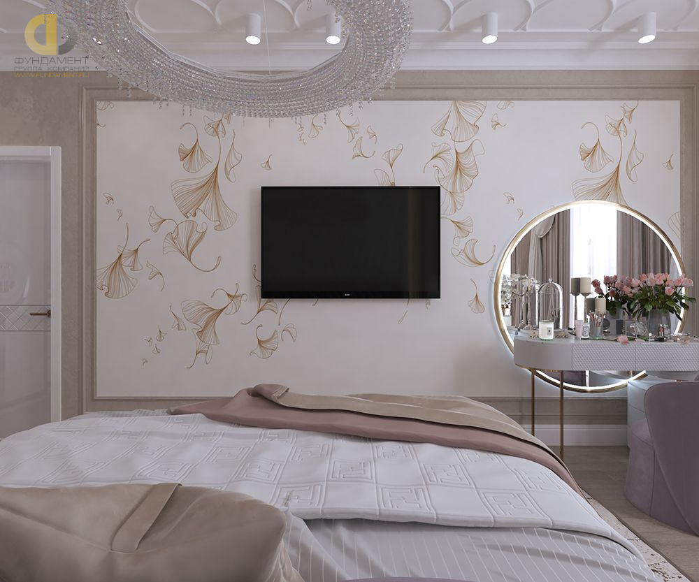 Спальня в стиле дизайна арт-деко (ар-деко) по адресу г. Москва, Дмитровское шоссе, дом 107, корп. 3, 2021 года