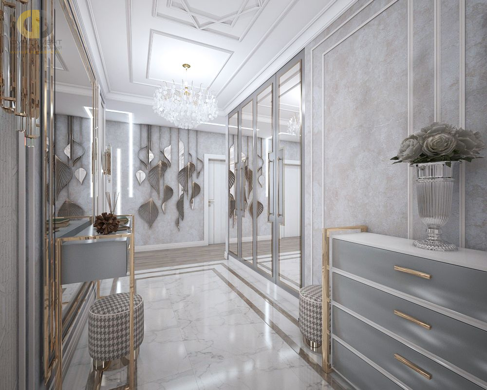 Дизайн интерьера коридора в четырёхкомнатной квартире 121 кв.м в стиле неоклассика с элементами ар-деко2