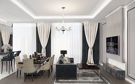 Дизайн интерьера гостиной в трёхкомнатной квартире 89 кв.м в стиле ар-деко