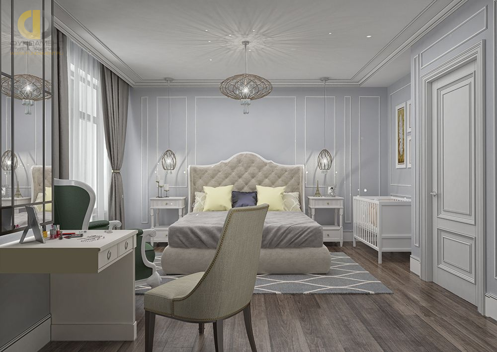Спальня в стиле дизайна неоклассика по адресу г. Москва, Ленинский проспект, д. 107, 2018 года