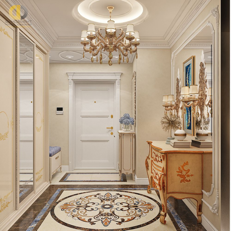 Дизайн интерьера коридора в четырёхкомнатной квартире 144 кв. м в стиле классицизм 25