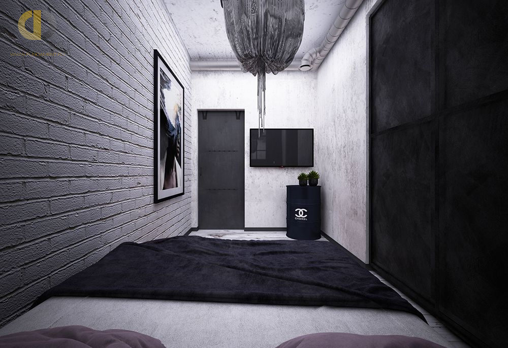 Спальня в стиле дизайна лофт по адресу г. Москва, ул. Мосфильмовская, д. 8, 2017 года