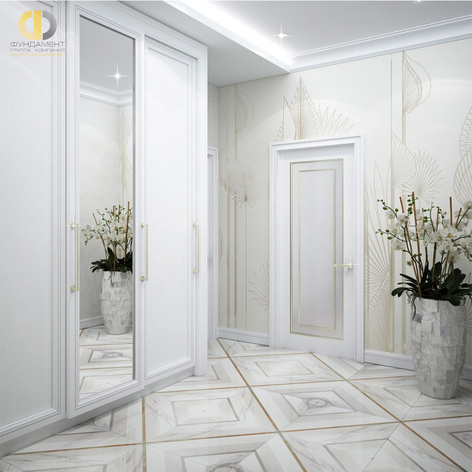 Дизайн интерьера коридора в трёхкомнатной квартире 74 кв.м в современном стиле с элементами ар-деко2