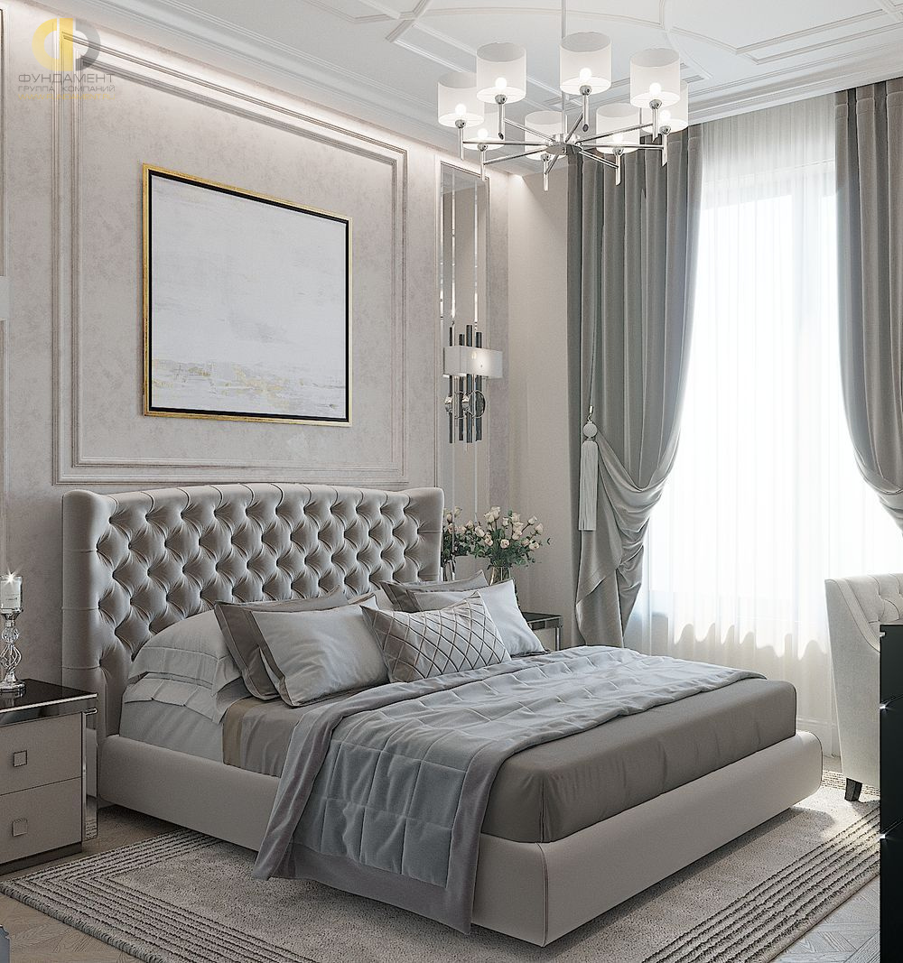Спальня в стиле дизайна неоклассика по адресу г. Москва, ул. Новоалексеевская, д. 16 к. 3, 2021 года