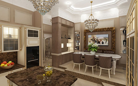Дизайн интерьера столовой в 4-комнатной квартире 130 кв. м в классическом стиле