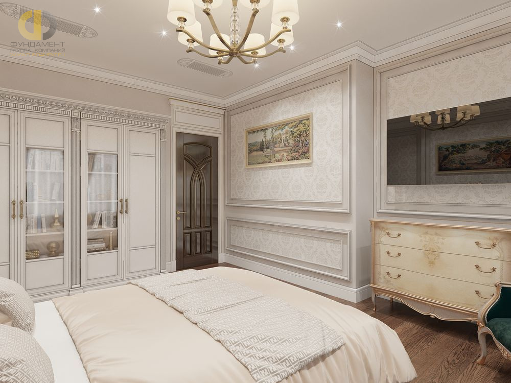 Спальня в стиле дизайна классицизм по адресу г. Москва, ул. Мосфильмовская, д. 8, 2018 года