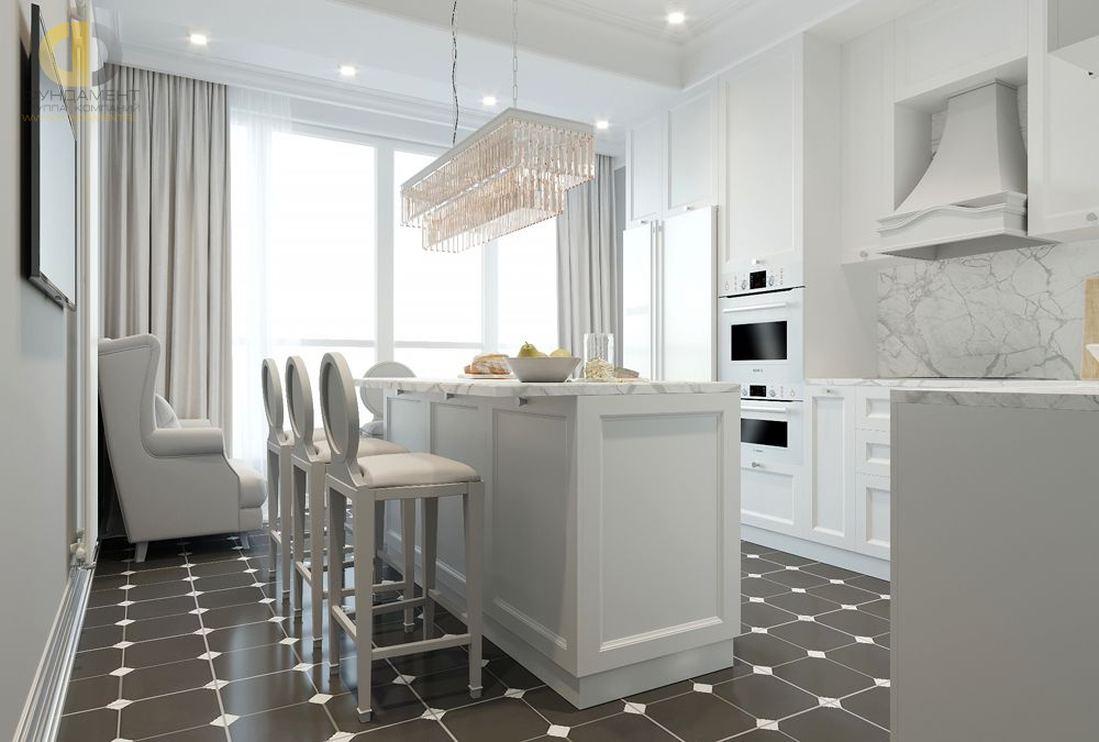 Дизайн белой кухни с барной стойкой в квартире-студии