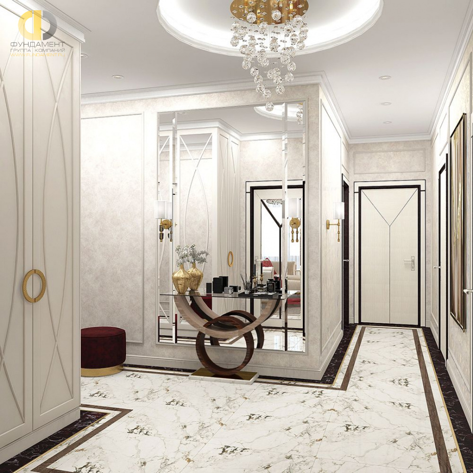 Дизайн интерьера коридора в четырёхкомнатной квартире 114 кв. м в стиле ар-деко и неоклассика 9