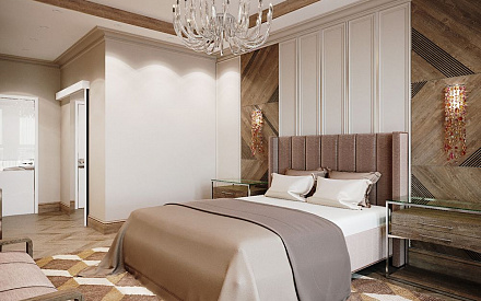 Дизайн интерьера спальни в четырёхкомнатной квартире 124 кв.м в стиле неоклассика с элементами ар-деко1