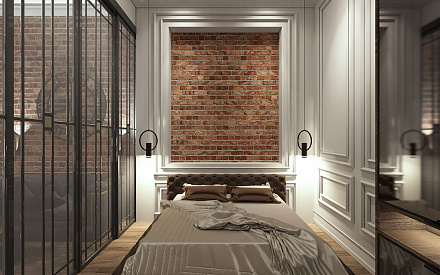 Дизайн интерьера спальни в четырёхкомнатной квартире 165 кв.м в классическом стиле с элементами лофт16