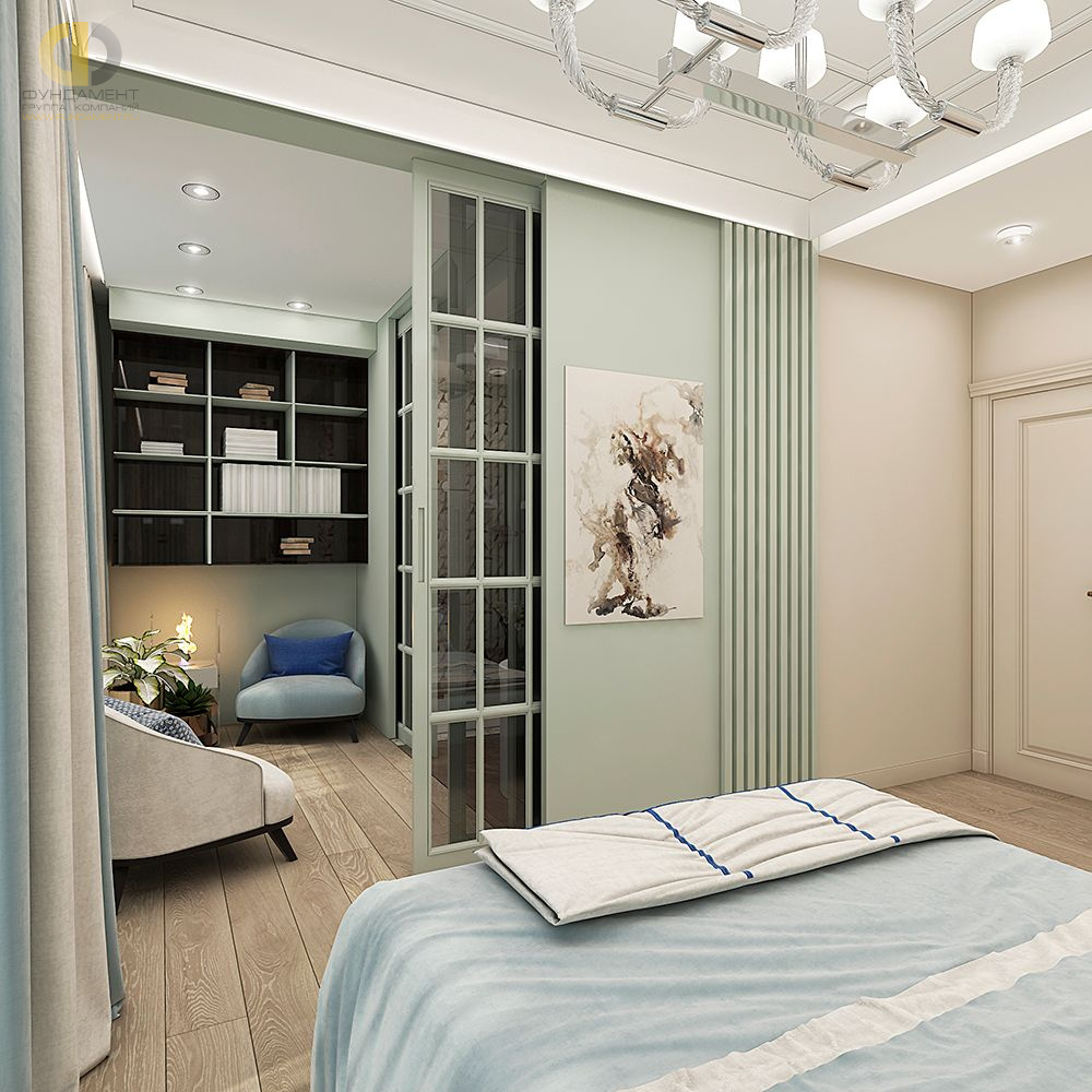Спальня в стиле дизайна неоклассика по адресу г. Москва, ул. Генерала Карбышева, д. 8, 2018 года
