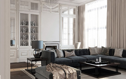 Дизайн интерьера гостиной в четырёхкомнатной квартире 165 кв.м в классическом стиле с элементами лофт10