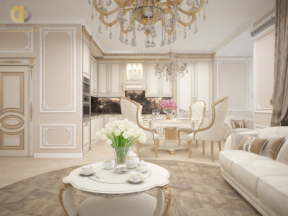 Дизайн интерьера гостиной в трёхкомнатной квартире 101 кв. м в стиле классицизм 13