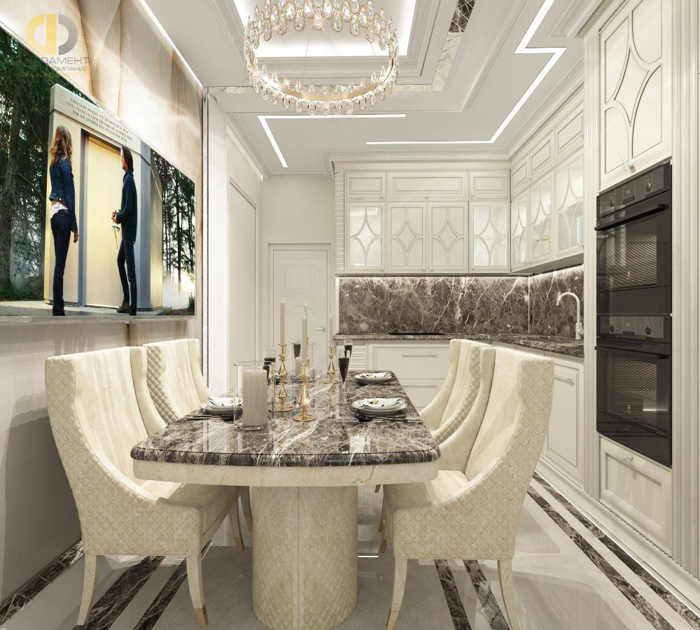 Дизайн интерьера кухни в двухуровневой квартире 118 кв.м в стиле неоклассика с элементами ар-деко 11