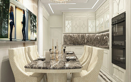 Дизайн интерьера кухни в двухуровневой квартире 118 кв.м в стиле неоклассика с элементами ар-деко 11