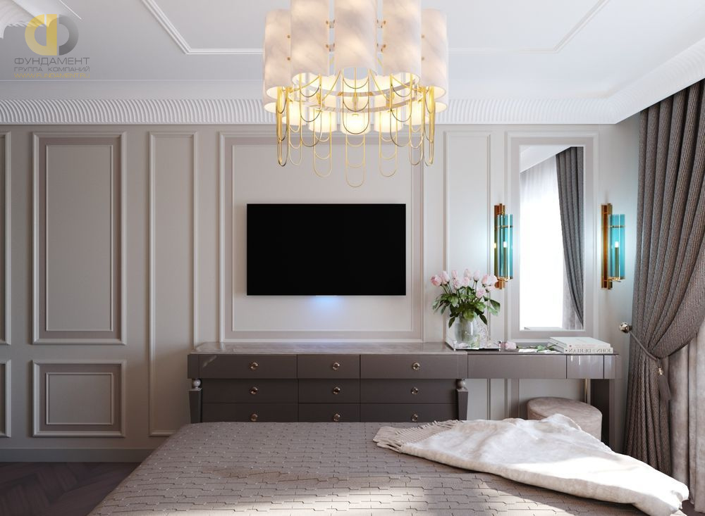 Спальня в стиле дизайна неоклассика по адресу г. Москва, Каширское шоссе, д. 65, 2019 года