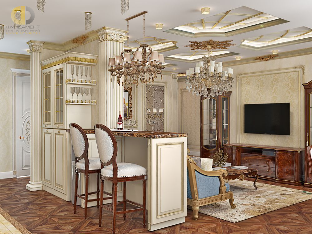Гостиная в стиле дизайна классицизм по адресу г. Москва, ул. Авиационная, д. 77, корп. 2, 2018 года