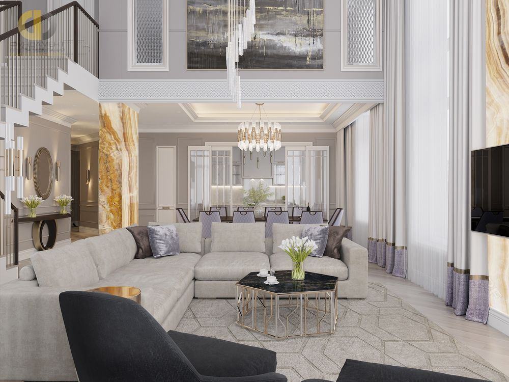 Дизайн интерьера гостиной в доме 171 кв.м в стиле современная классика16