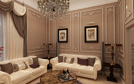 Дизайн интерьера гостиной в 4-комнатной квартире 130 кв. м в классическом стиле