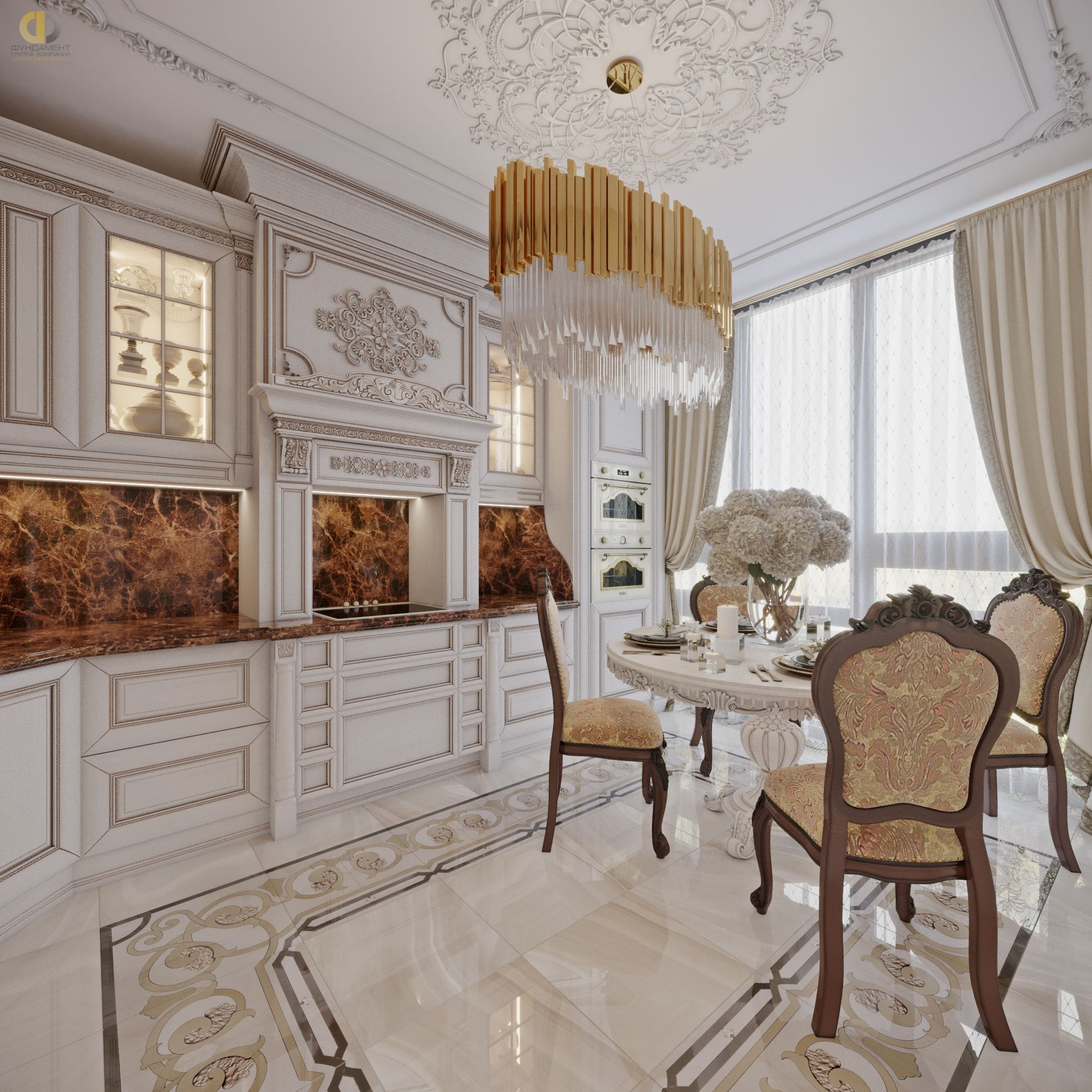 Кухня в стиле дизайна классицизм по адресу г. Москва, Хорошевское шоссе, дом 25А, стр. 1, 2021 года
