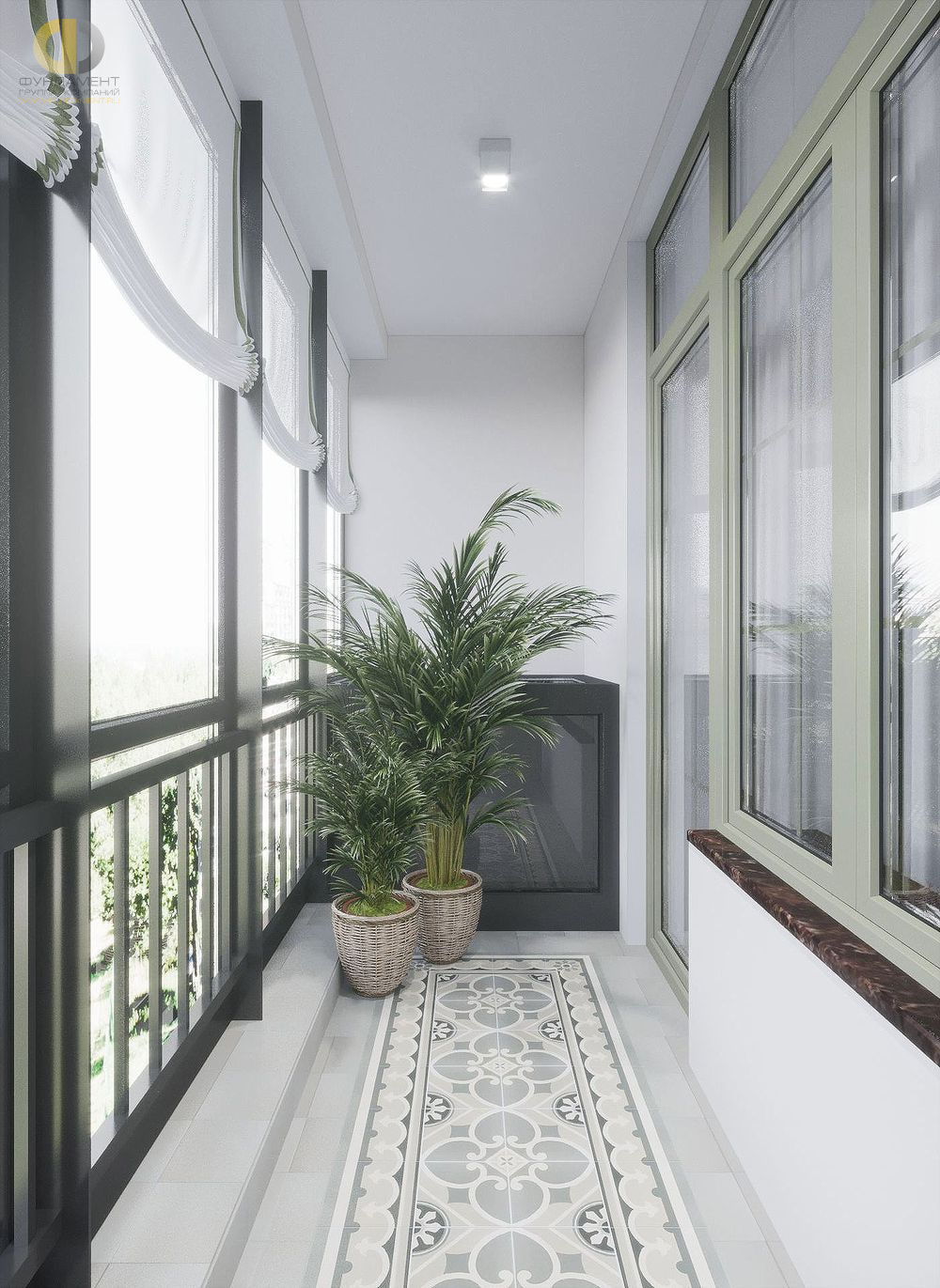 Дизайн балкона в светло-сером цвете - фото