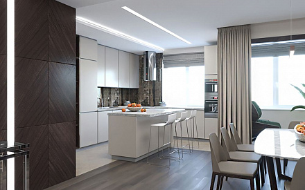 Дизайн интерьера кухни в двухуровневой квартире 198 кв.м в современном стиле