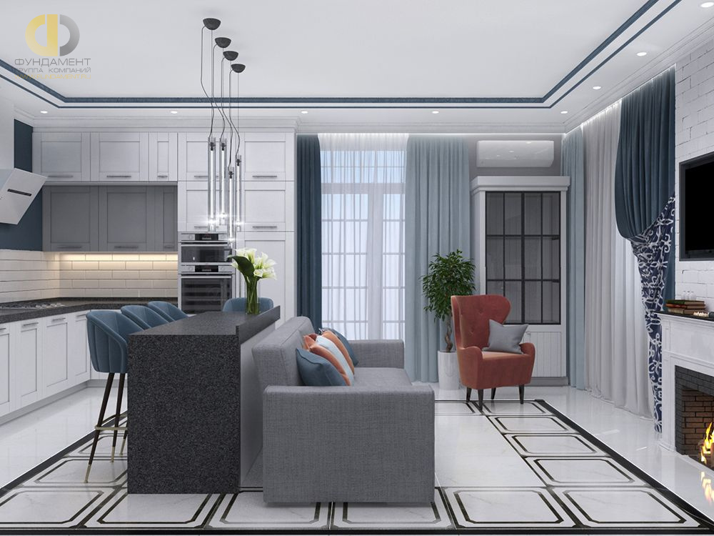 Дизайн интерьера кухни-гостиной с барной стойкой и диваном