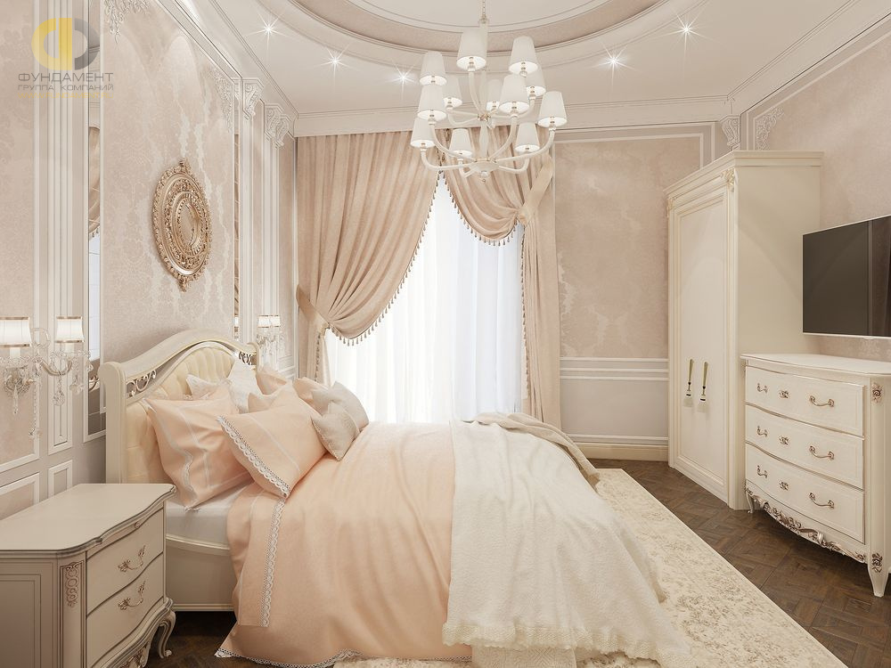 Спальня в стиле дизайна классицизм по адресу г. Москва, ул. Ефремова, д. 10, корп. 1, ЖК "Садовые кварталы", 2017 года