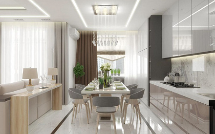 Дизайн интерьера кухни в трёхкомнатной квартире в эко-стиле