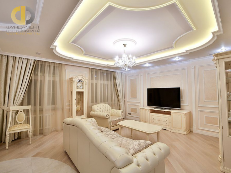Фото ремонта 4 комнатной квартиры 150 кв. м в стиле неоклассика. Фото ремонта гостиной
