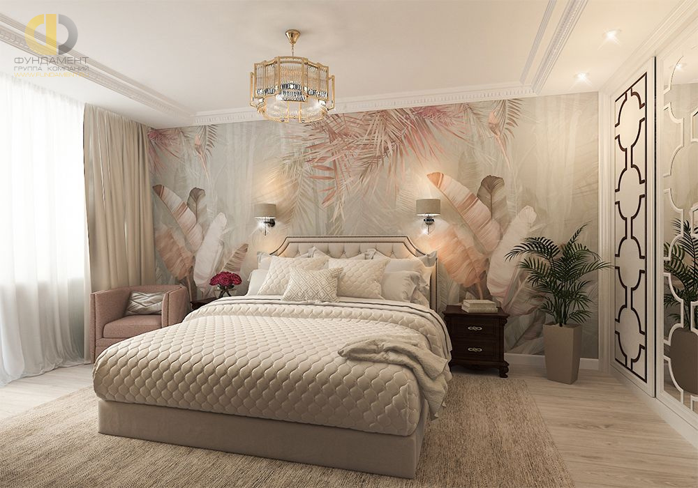 Спальня в стиле дизайна неоклассика по адресу МО, г. Дзержинский, ул. Угрешская, д. 32, 2020 года