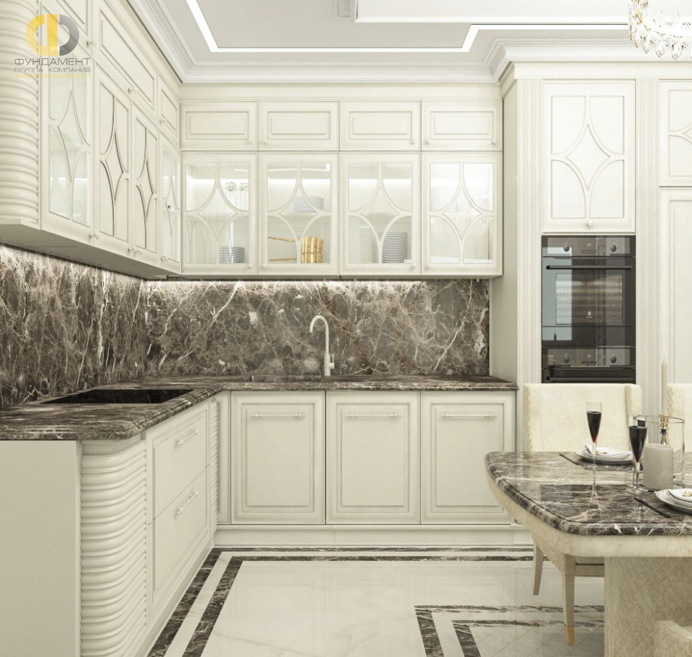 Дизайн интерьера кухни в двухуровневой квартире 118 кв.м в стиле неоклассика с элементами ар-деко 12