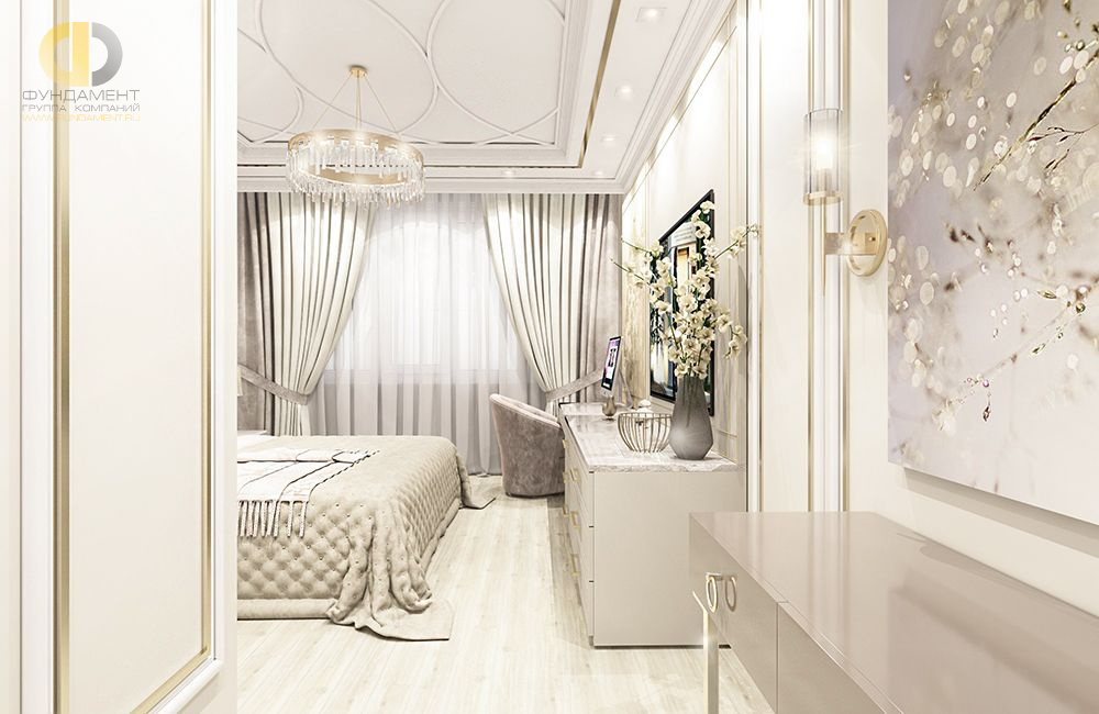 Спальня в стиле дизайна арт-деко (ар-деко) по адресу МО, Новая Москва, 3 км от МКАД, 2021 года